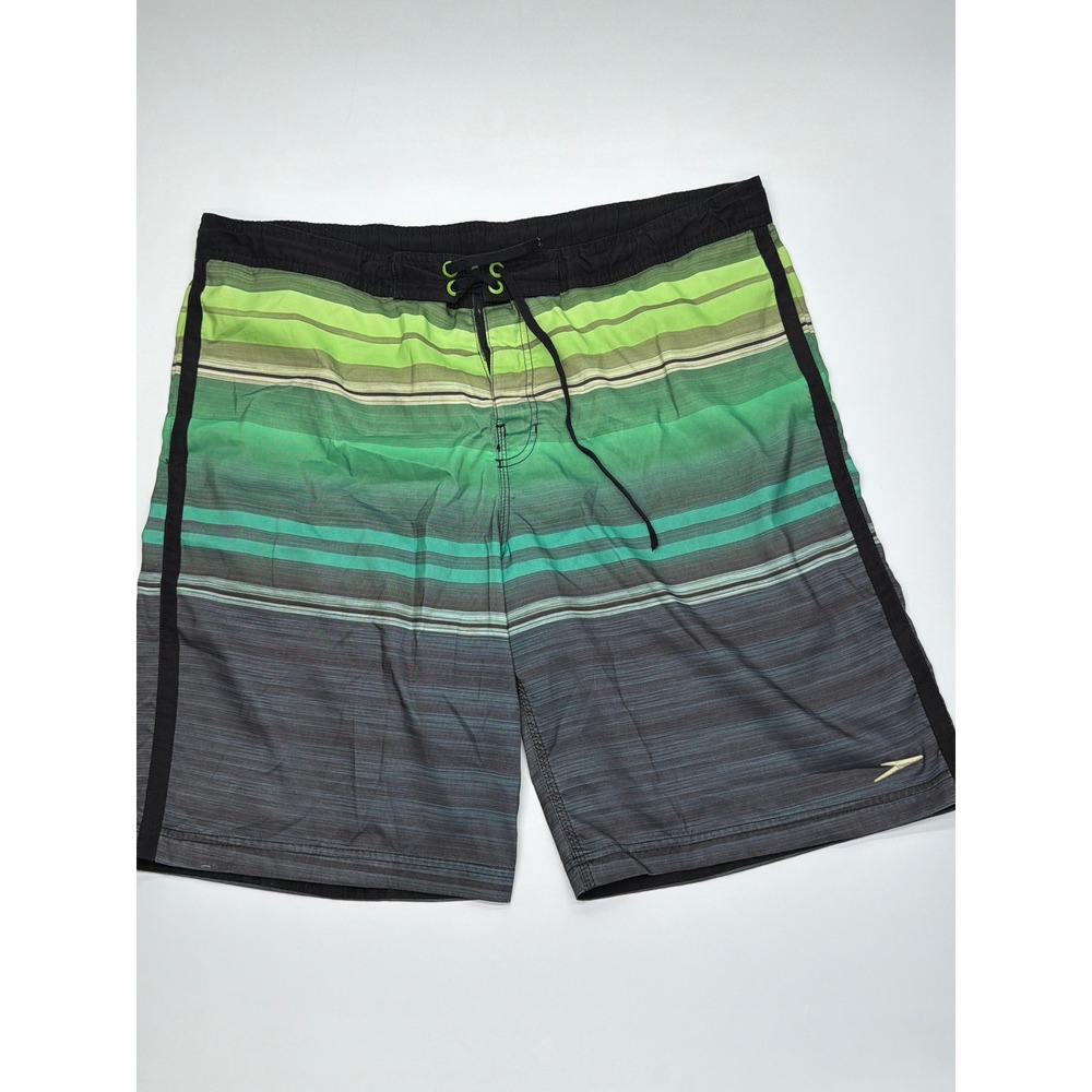 Speedo Mens Board Shorts Green Grey Stripedโ Swim Trunks Mesh Lined Large